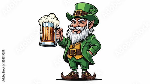 A cartoon leprechaun in a green suit and hat holding a frothy mug of beer.