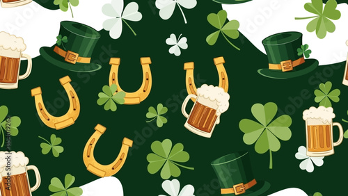 A festive St. Patrick's Day seamless pattern featuring green leprechaun hats, golden horseshoes, frothy mugs of beer, and lucky shamrocks on a dark green background.