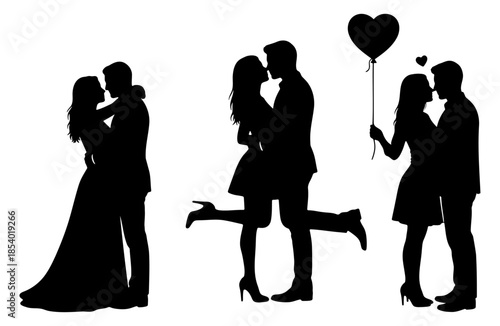 Romantic couple silhouettes kissing hugging and holding heart balloon
