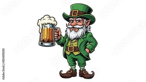 A cartoon leprechaun in a green suit holding a frothy mug of beer.