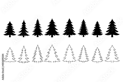 Set of christmas tree silhouettes and line art icons for winter design
