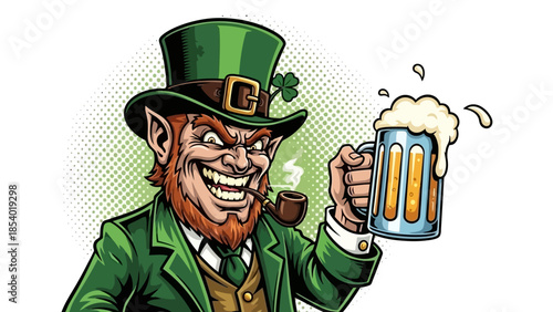 A grinning leprechaun in a green hat and suit holds a frothy mug of beer and a smoking pipe.
