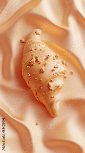 Pale peach background with a 3D small croissant in the middle, golden brown and flaky texture 