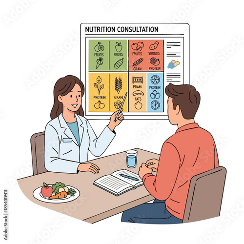 A dietitian advises a patient with a nutrition chart, meal on plate, pen, and glass of water