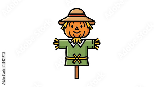 A cute cartoon scarecrow with a pumpkin head and a straw hat.