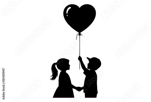 Boy and girl silhouette holding hands and a heart balloon