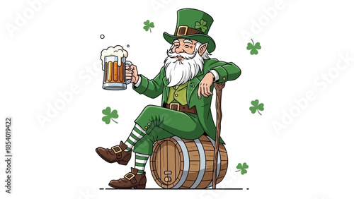 A cheerful leprechaun in green attire sits on a wooden barrel, holding a frothy mug of beer, surrounded by shamrocks.