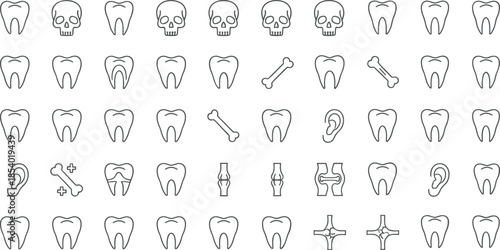 Dental and dentistry line icon set featuring teeth anatomy, oral care symbols, dental treatment tools, hygiene, medical clinic and healthcare icons