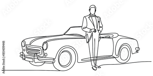 Continuous line drawing of man with classic convertible car