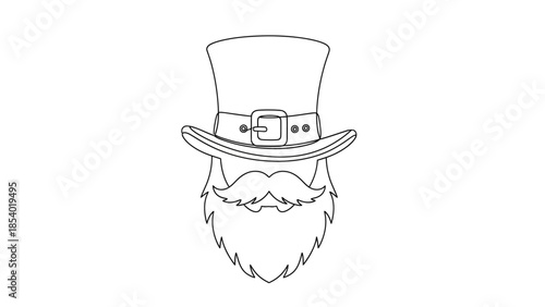 A black and white line drawing of a leprechaun's hat, beard, and mustache.