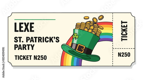 A St. Patrick's Day party ticket featuring a leprechaun hat overflowing with gold coins and a rainbow.