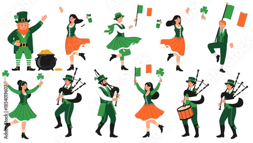 A vibrant collection of Irish dancers, musicians playing bagpipes and drums, and a leprechaun celebrating St. Patrick's Day with shamrocks and Irish flags.