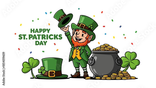 A cheerful leprechaun celebrating St. Patrick's Day with a pot of gold and shamrocks.