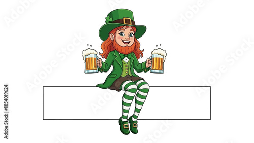 A cheerful leprechaun with red hair and a beard, wearing a green hat and coat, sits holding two frothy mugs of beer.