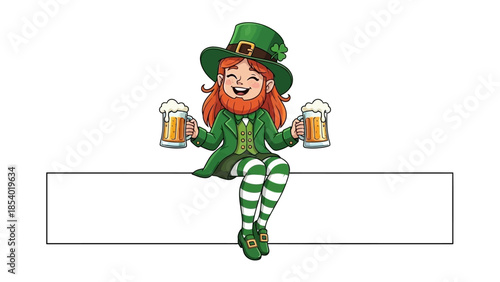 A cheerful leprechaun with a red beard and green hat, holding two mugs of beer while sitting on a white banner.