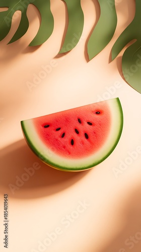Soft beige background with a 3D small watermelon slice in the middle, juicy and refreshing 