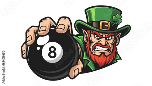 A fierce leprechaun wearing a green hat with a shamrock is holding an eight ball in his hand.