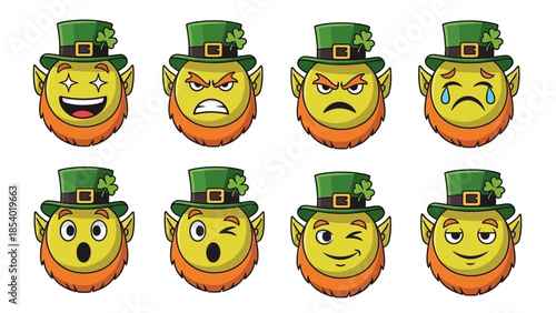 A collection of eight cartoon leprechaun emojis with various facial expressions, including happy, angry, sad, surprised, and winking.