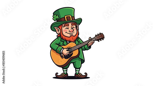 A cartoon leprechaun in a green hat and suit plays an acoustic guitar with a shamrock on his hat.