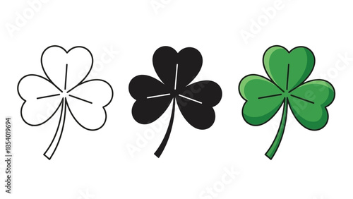 Three stylized shamrocks in outline, solid black, and green with shading, representing Irish luck and St. Patrick's Day.