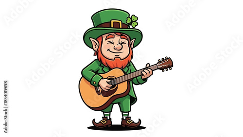 A cheerful leprechaun wearing a green hat and suit plays an acoustic guitar with a shamrock on his hat.