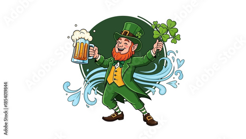 A cheerful leprechaun in a green suit holding a frothy mug of beer and a shamrock.