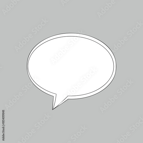 A white speech bubble with a black outline and tail on a grey background