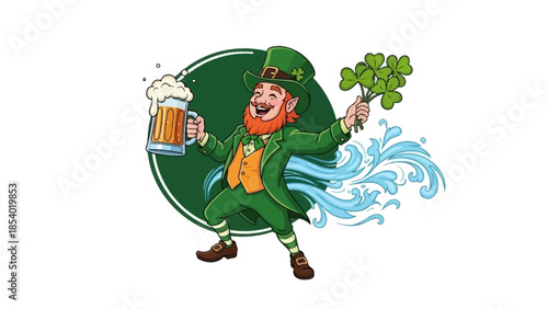 A joyful leprechaun in a green suit holding a frothy mug of beer and a shamrock bouquet.