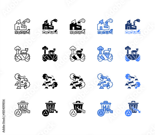 Pollution, Conservation, Destruction, Reduce multiple style icon set.