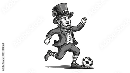 A leprechaun wearing a hat and suit plays soccer with a ball.