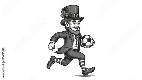 A black and white illustration of a leprechaun in a suit and hat holding a soccer ball.