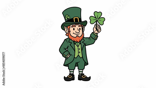 A cartoon leprechaun dressed in green attire, holding a shamrock in his hand.