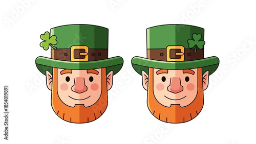 Two cartoon leprechauns wearing green hats with shamrocks, representing St. Patrick's Day.