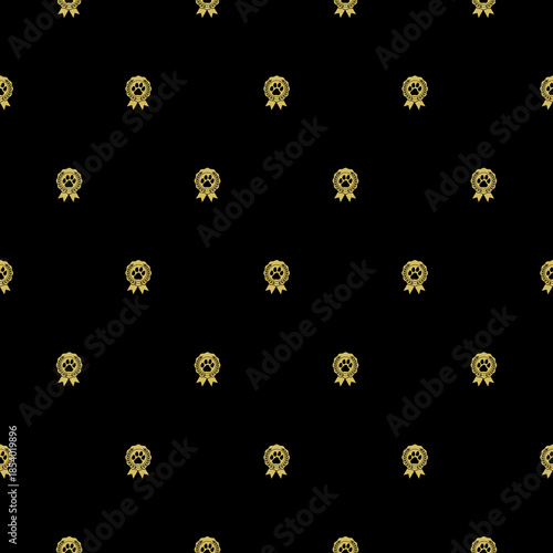 Pet paw award ribbon seamless pattern isolated on black background