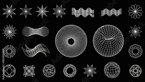 A collection of abstract geometric wireframe shapes and patterns on a black background, including stars, tori, and wavy lines.