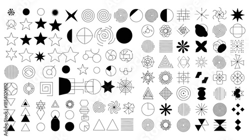 A comprehensive collection of diverse abstract geometric shapes and symbols, presented in a grid format for visual reference.