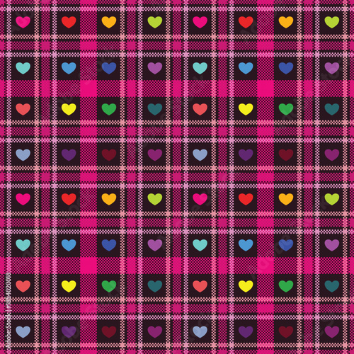 Seamless tartan-style pattern featuring multicolored hearts in a stylish checkered layout, ideal for playful and modern romantic designs.