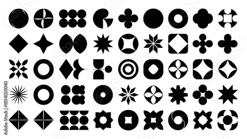 A collection of abstract geometric shapes and symbols in black and white, arranged in a grid.