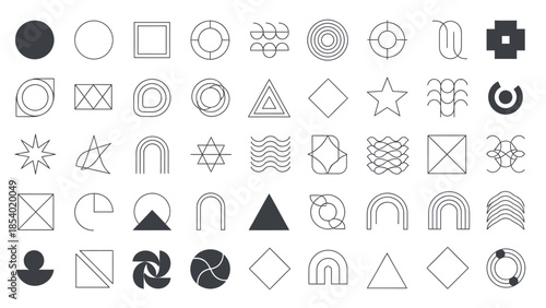 A collection of abstract geometric shapes and icons in a grid layout, featuring circles, squares, triangles, and stylized figures.