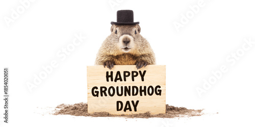 A Groundhog wearing a top hat holding a sign for Happy Groundhog Day.
