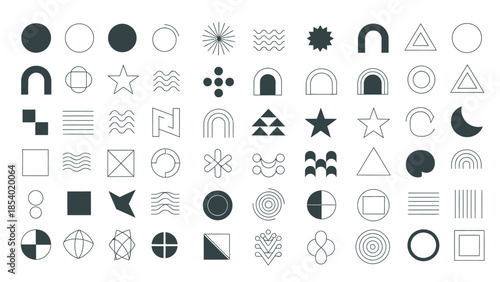 A diverse collection of abstract geometric shapes and icons, presented in a grid layout with both filled and outlined variations.