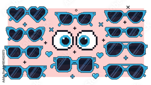 A vibrant pixel art illustration featuring a collection of blue sunglasses in various shapes and styles, surrounding a pair of large, pixelated blue eyes.