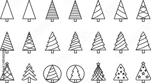Christmas tree line icon set featuring winter holiday decorations, pine trees, festive symbols, seasonal design elements and minimal outline illustrations