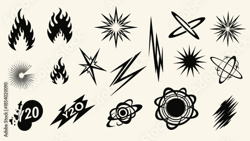 A collection of abstract graphic elements, including flames, stars, lightning bolts, and atomic symbols, presented in black and white.