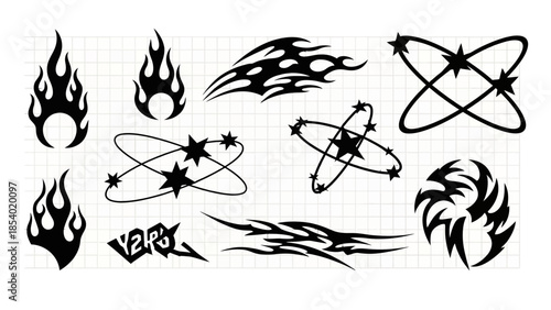 A collection of black tribal flame and star tattoo designs, including swirling star patterns and abstract fiery shapes.