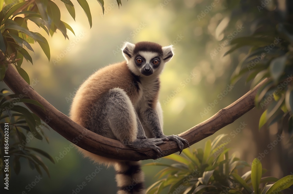 Obraz premium A lemur sitting on a tree branch in a lush forest, viewed from the side.
