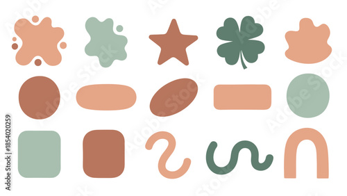 A collection of abstract organic shapes in muted earthy tones and sage green.