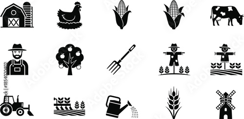 Large collection of black flat agriculture icons featuring barn cow tractor farmer corn and windmill for farm industry website design