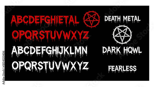 Black background with red and white metal font alphabets and pentagram symbols.