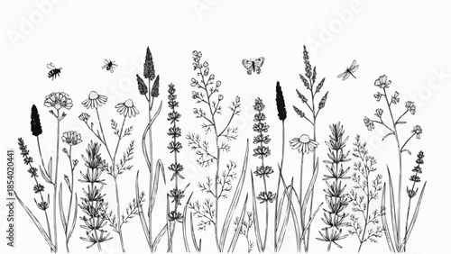 Black and White Wildflowers and Insects Illustration.